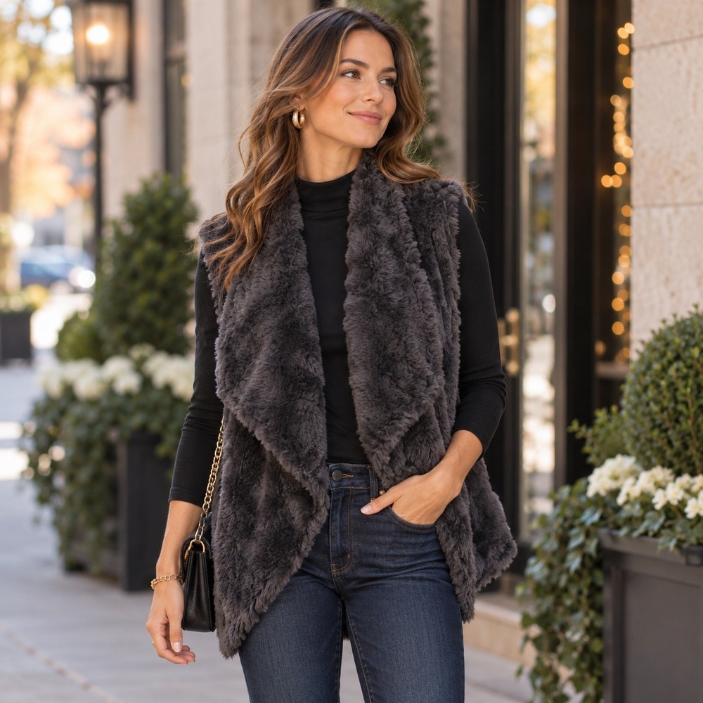 Dylan‎ by True Grit Womens Large Charcoal Brown Faux Fur Draped Open Front Vest